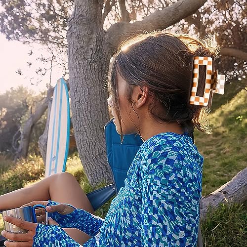 Brown & White Checkered Hair Clips, 3 Pack - Includes Square, Semicircle, and Rectangle Claw Clips for Thick or Thin Hair, Hair Accessories for Women and Girls