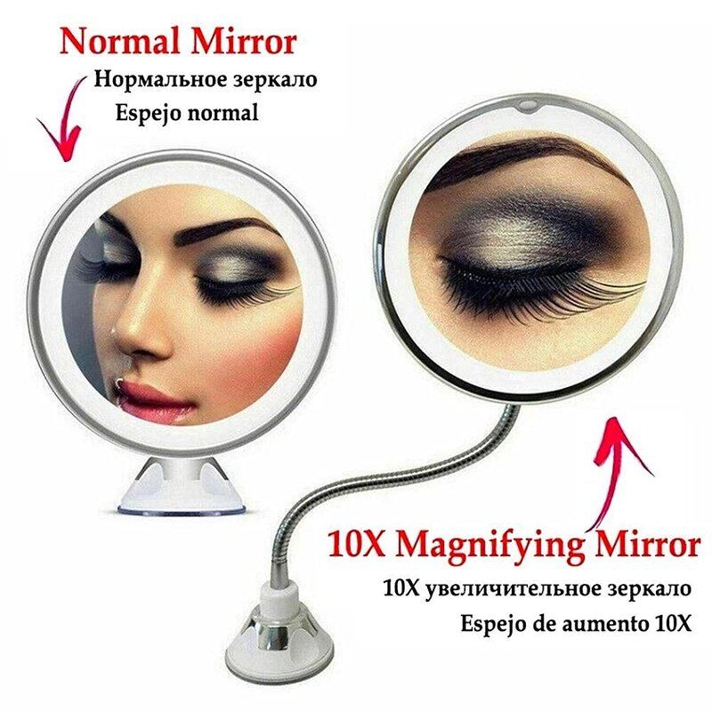 SASKATE Makeup Mirror with LED Light and Suction Cup 360 Degree Swivel Flexible Gooseneck 10X Magnifying Mirror Travel and Home Bathroom Vanity Mirror (White)