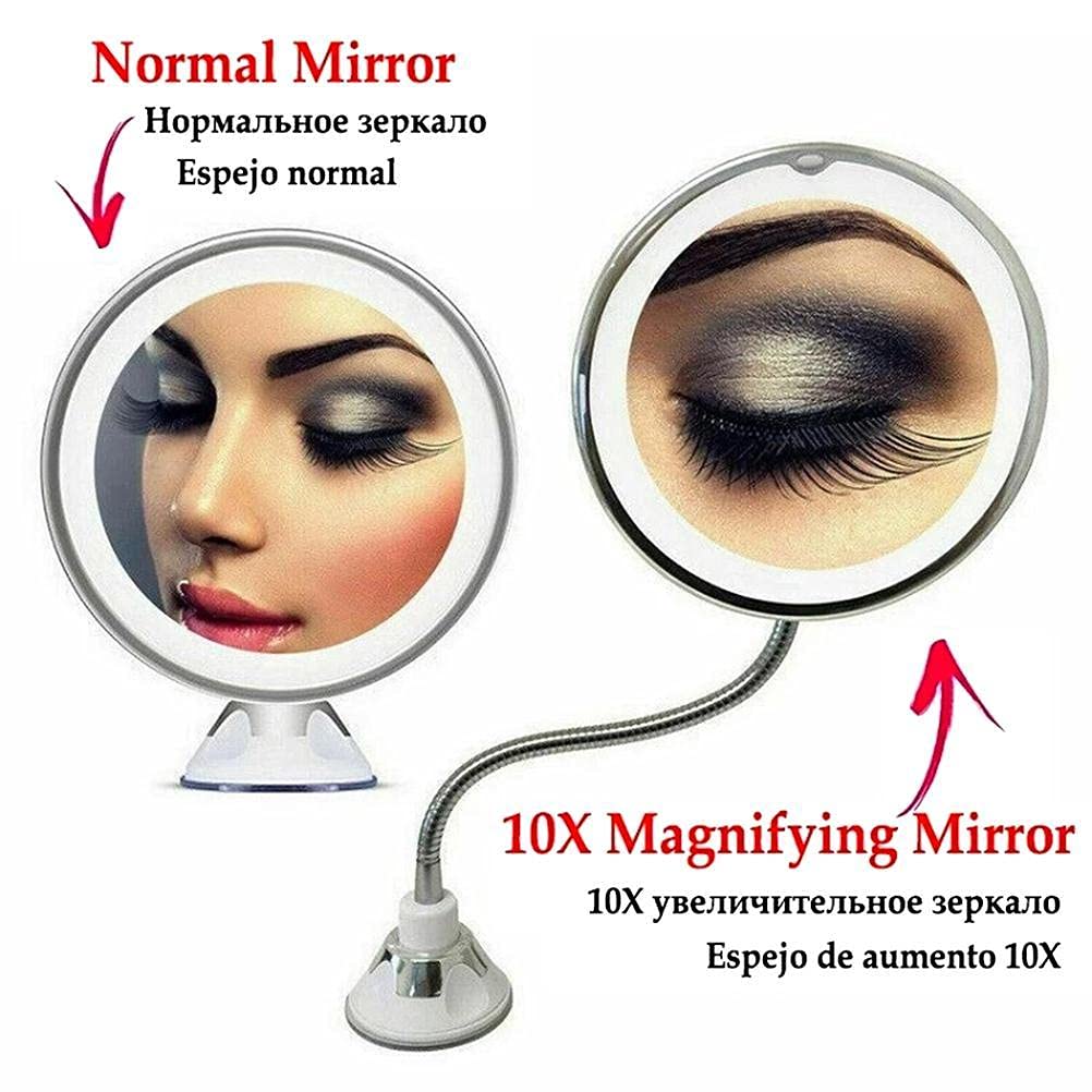 SASKATE Makeup Mirror with LED Light and Suction Cup 360 Degree Swivel Flexible Gooseneck 10X Magnifying Mirror Travel and Home Bathroom Vanity Mirror (White)