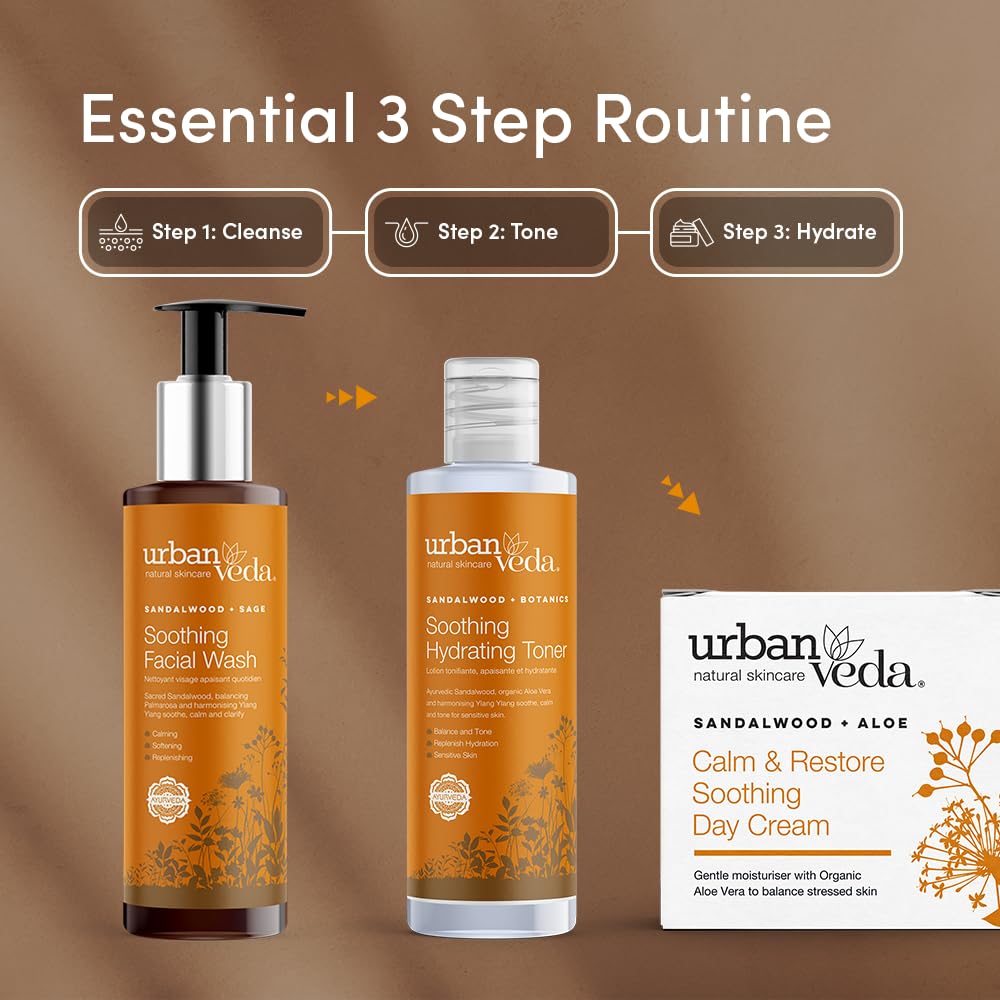 Urban Veda Soothing Facial Wash | Gentle Face Cleanser with Sandalwood Botanics | Moisturizing Face Wash for Dry Skin | For Mature & Inflamed Skin| Sensitive Skin Face Wash for Women & Men| 5.01 Fl oz