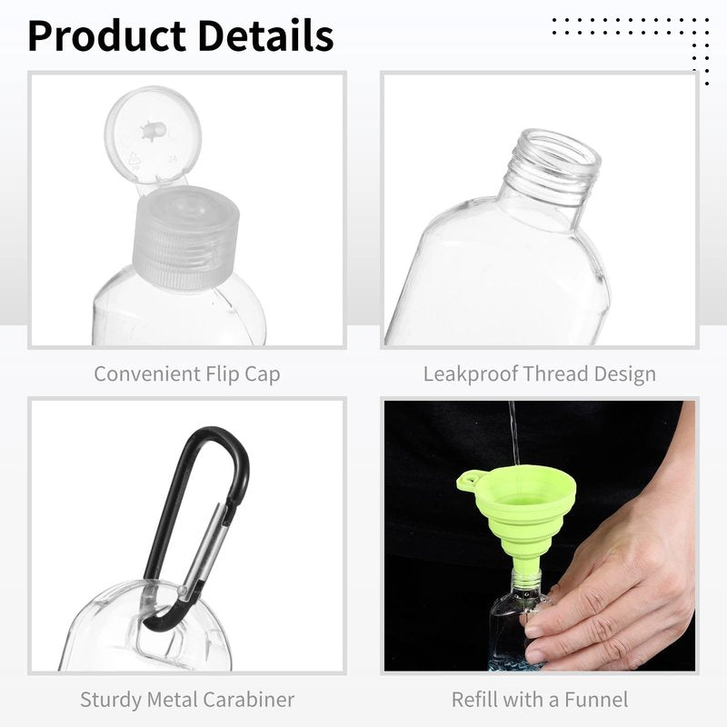 100 PCS Keychain Empty Hand Sanitizer Bottles - 1.7 oz Portable Keychain Travel Bottles, Empty Squeeze Plastic Bottle with Flip Cap, Refillable Containers with 2 Foldable Funnels for Shower Gel Lotion