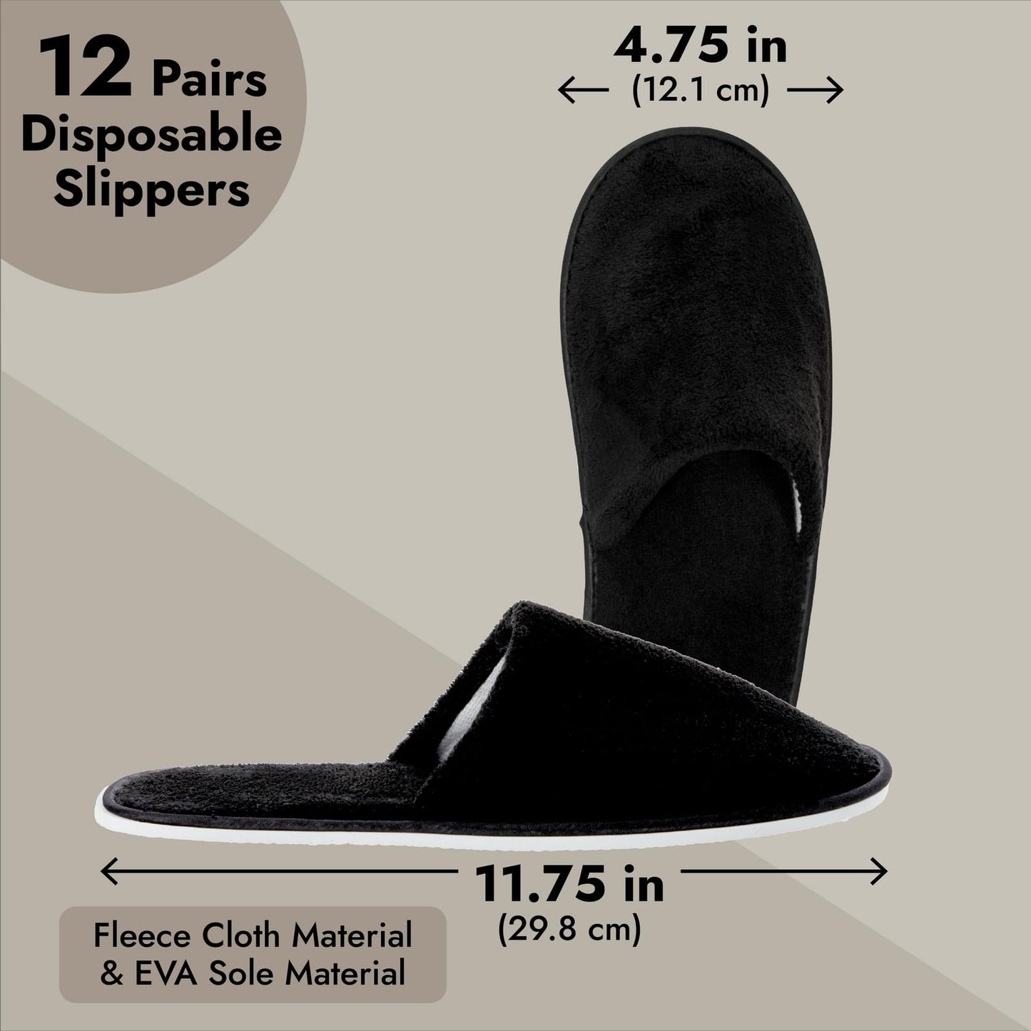 Juvale Disposable Slippers for Guests - Plush-Lined House, Indoor & Travel Slippers - Slip-Resistant Spa Shoes for Women & Men - 12 Pairs, Women 12/Men 11, Black