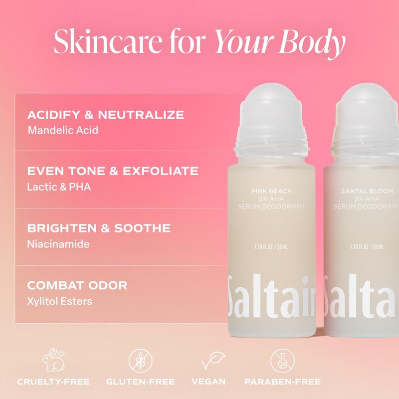 Saltair Serum Deodorant - Aluminum-Free Odor Control with 5% AHA Formula | 2-Pack, 1.7oz Roll-On