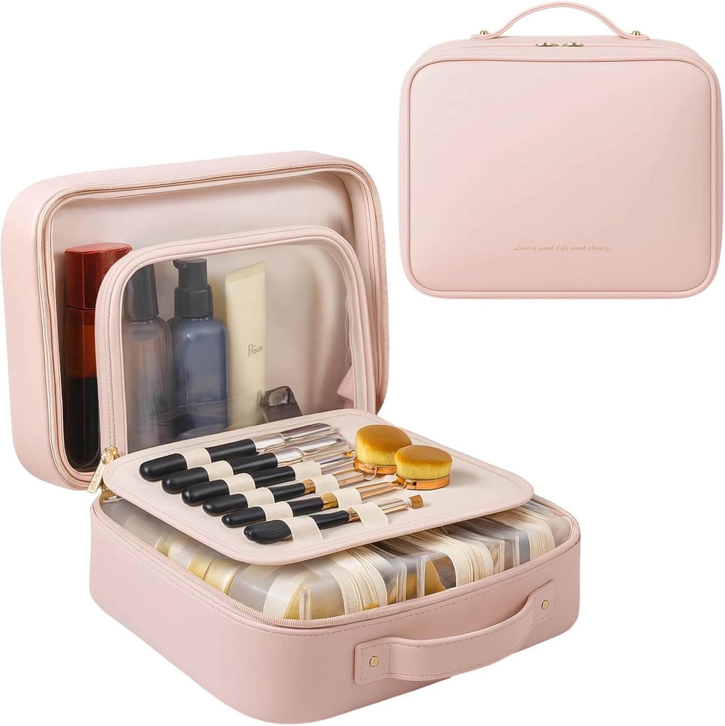 Travel Makeup Bags for Women - 12.2" Waterproof PU Leather with Compartments & Pockets