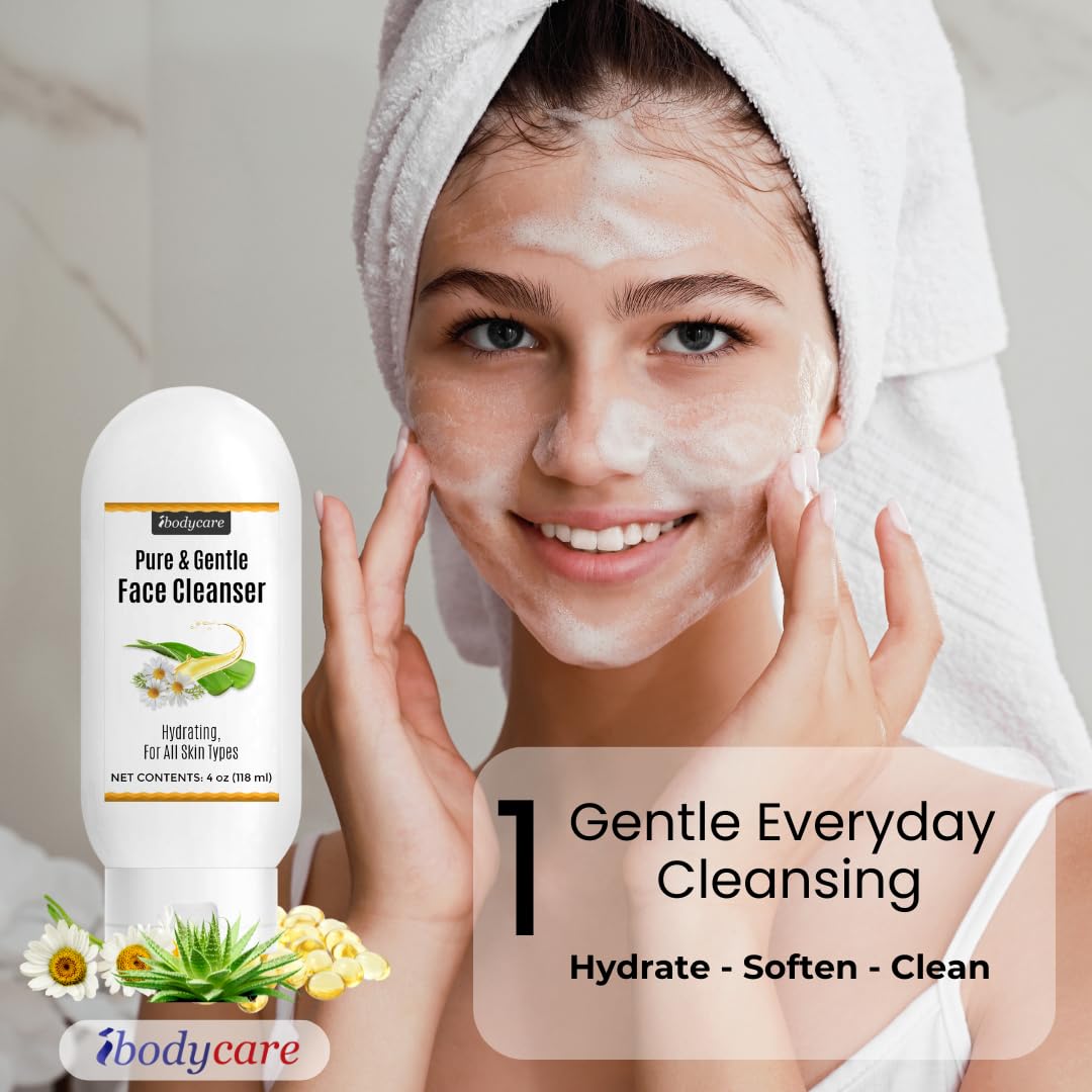 ibodycare Aloe Chamomile Face Cleanser for Sensitive Skin, Sulfate Free, Paraben Free, Fragrance Free, Daily Face Wash, Gentle Natural Cleanser for Women and Men, 4 oz (2 Pack)
