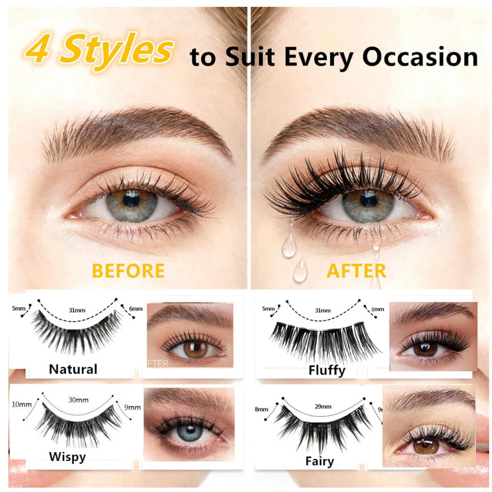 4-Pairs Magnetic Eyelashes with FREE Fixation Eyeliner - Include Natural Wispy Fluffy Fairy 4 Styles - Reusable Magnetic Eyelashes Natural Look with Applicator - Pestañas Magnéticas Naturales