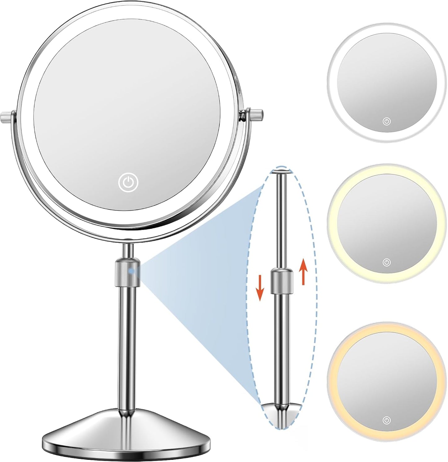Vanity Mirror with Lights - Rechargeable 1x/10x Double-Sided Makeup Mirror | Adjustable Height & 360° Rotation