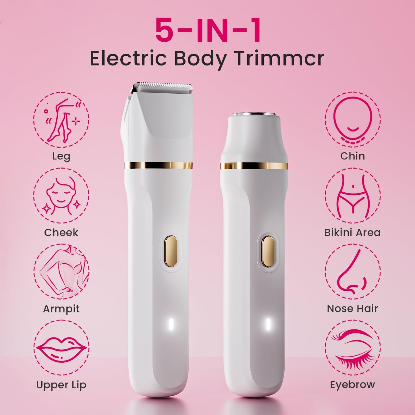 Electric Razors for Women, Valentines Day Gifts 5-in-1 Wet/Dry Bikini Trimmer with USB Charge Dock, Deluxe Facial Hair Removal, Wet/Dry Body Shaver for Nose Eyebrows Beard Underarm Leg Arm (White)