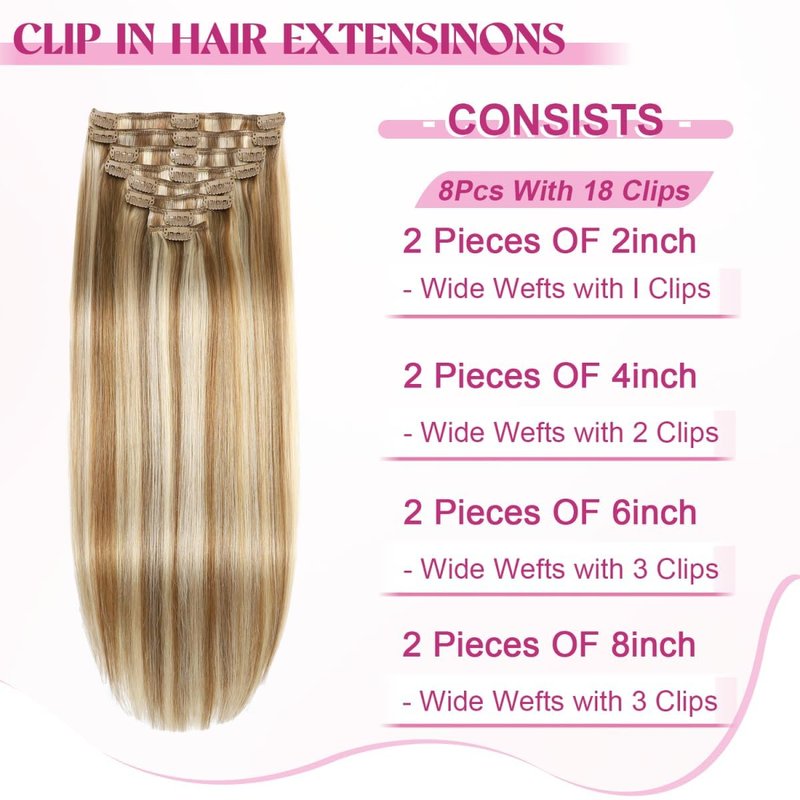Tebelove Clip in Hair Extensions Real Human Hair 3.6oz/100g Clip ins 100% Human Hair Extension for Women 8pcs Per Set with 18 Clips Double Weft (16 Inch #16/22 Light Blonde to Golden Blonde)