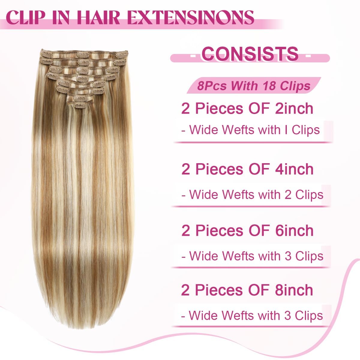 Tebelove Clip in Hair Extensions Real Human Hair 3.6oz/100g Clip ins 100% Human Hair Extension for Women 8pcs Per Set with 18 Clips Double Weft (16 Inch #16/22 Light Blonde to Golden Blonde)