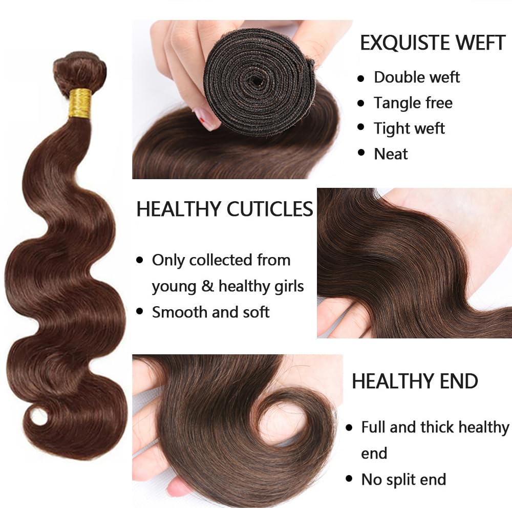 Brown Bundles Human Hair Color 4 Body Wave Bundles 24 Inch Niegmeag Brazilian Virgin Soft and Silky Remy Hair Extensions Chocolate Brown Body Wave Bundle