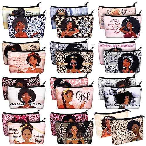 Talltalk 24 Pcs Makeup Bag Toiletry Canvas Zipper Makeup Bags Housekeeping Appreciation Gifts Cosmetic Pouch Reusable Multipurpose Organizer(Black,African Women)