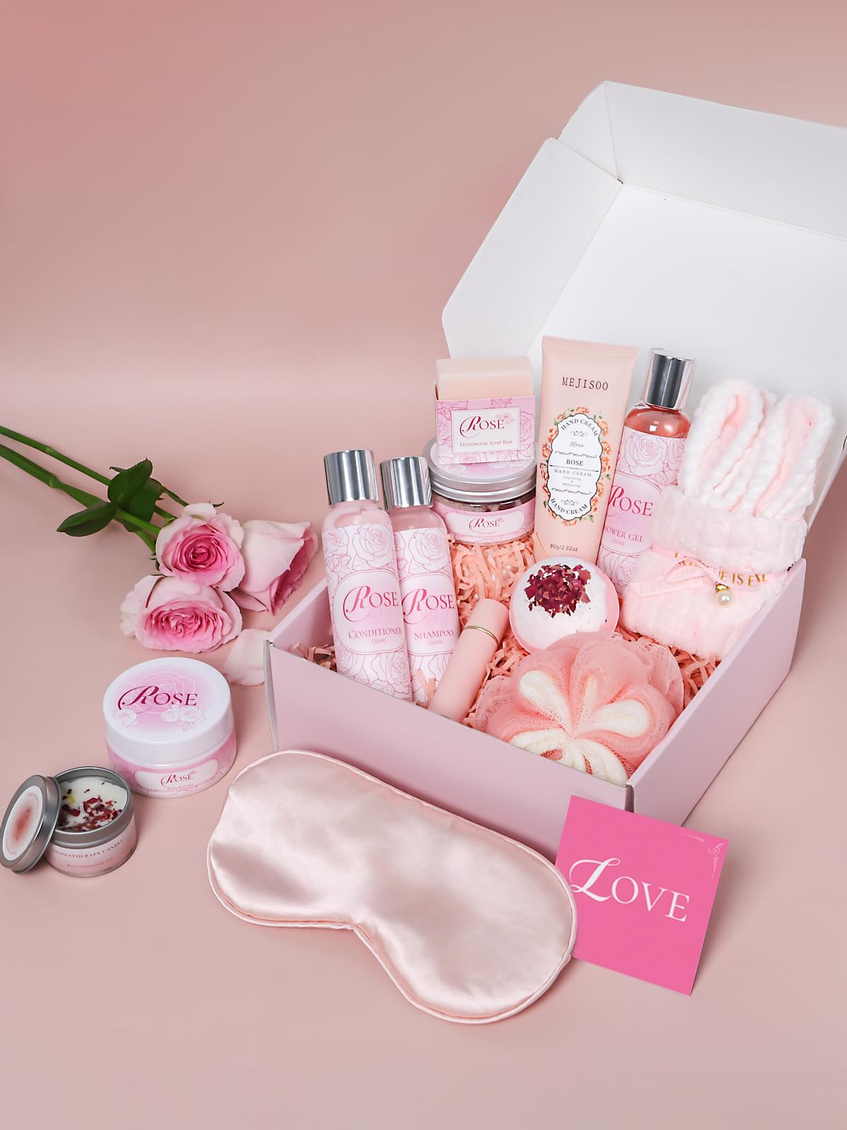 Spa Gifts for Women -15Pcs Self Care Set with Rose Bath & Body Essentials, Mother's Day/Thoughtful Day/Get Well Gifts/Birthday/Christmas/Bridal Shower Gift for Mom, Sister, Wife, Relaxing Home Spa Set
