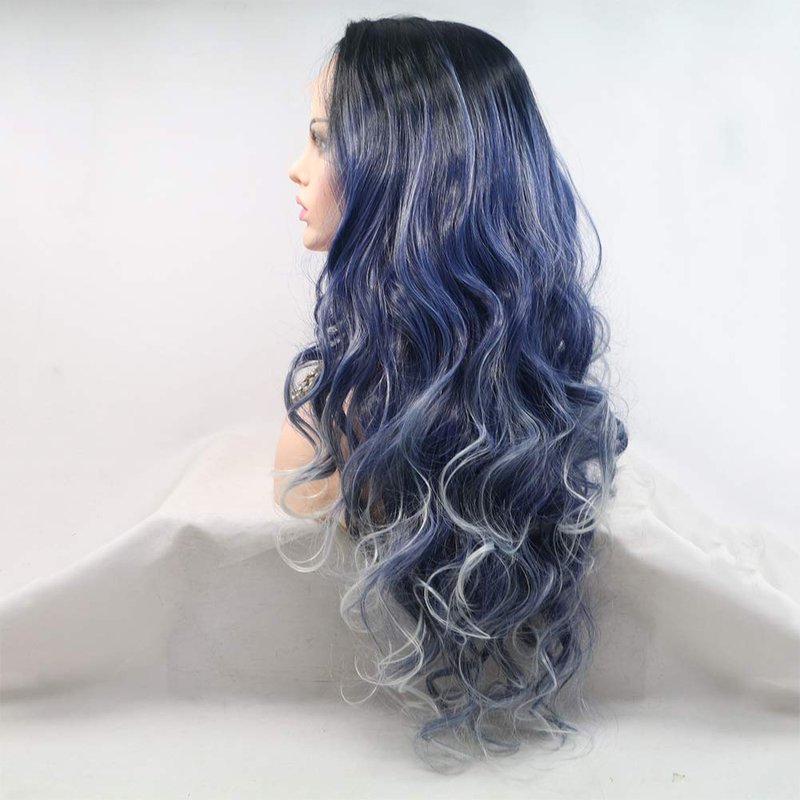 Kalisa Ombre Blue Synthetic Lace Front Wig Long Body Wave Black to Blue Mix White Lace Front Wig Side Part Heat Resistant Fiber Daily Makeup Wig for Women 24 Inch, Ombre Blue Mix White