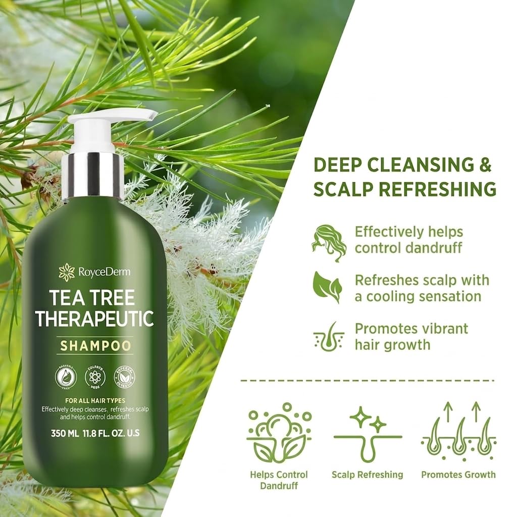 Roycederm Tea Tree Shampoo, Anti-Dandruff Clarifying Scalp Care for Dry, Itchy & Flaky Scalp, Helps Control Dandruff, Flaking & Scaling, For All Hair Types, Paraben Free & Sulfate Free, 2 Pack