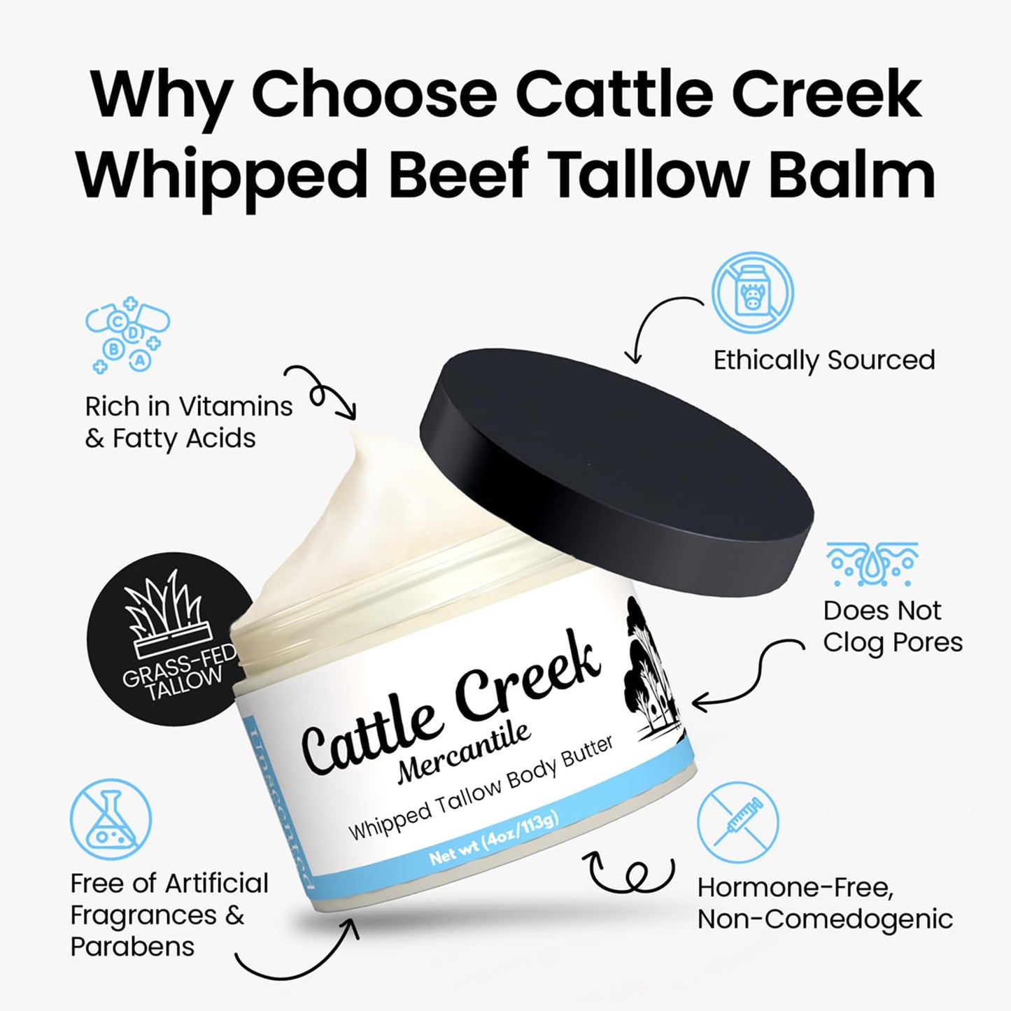 Cattle Creek Whipped Beef Tallow for Skin & Face – Deeply Moisturizing Tallow Balm – Natural Grass-Fed Skincare – Nourishes Dry, Sensitive Skin– Non-Comedogenic, Fast-Absorbing (4oz, Unscented)