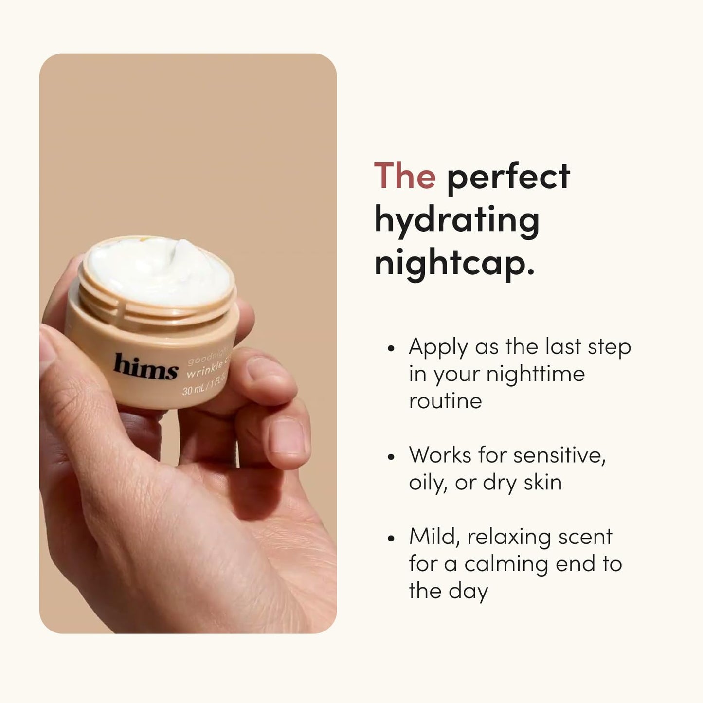 hims Goodnight Wrinkle Cream - Hyaluronic Acid & Shea Butter - Face Moisturizer for Fine Lines & Dry Skin - Deep Hydration Night Cream for Men - Non-Greasy, Paraben-Free & Vegan - 1 Fl Oz