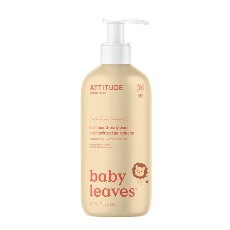 ATTITUDE Baby 2-in-1 Shampoo & Body Wash, EWG Verified, Dermatologically Tested, Vegan, Pear Nectar Scent, 16 Fl Oz