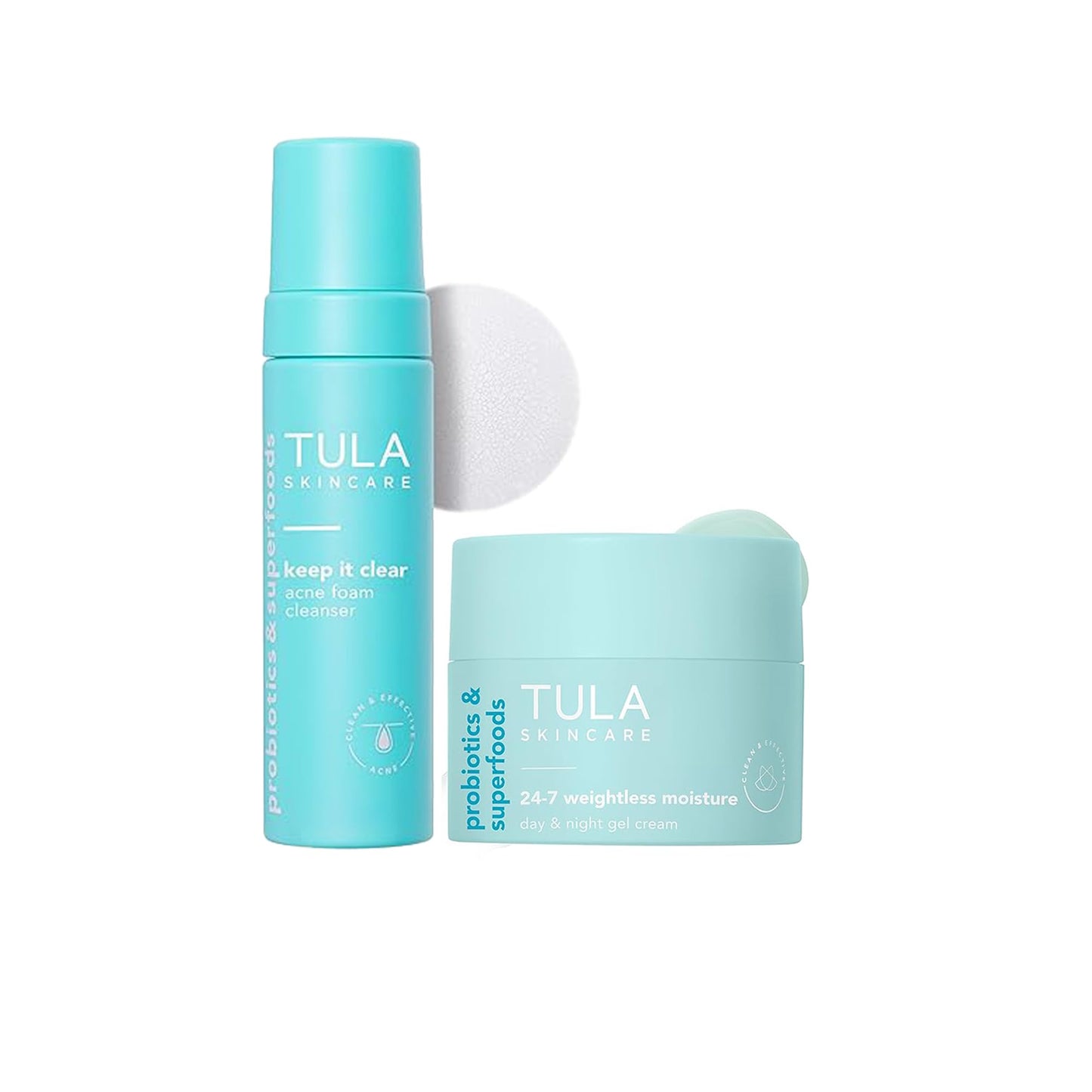 TULA Skin Care Keep It Clear - Acne Foam Facial Cleanser, 6.3 oz + 24-7 Weightless Moisture Hydrating Day & Night Cream - Travel Size, 0.5 oz, 2 Piece Set