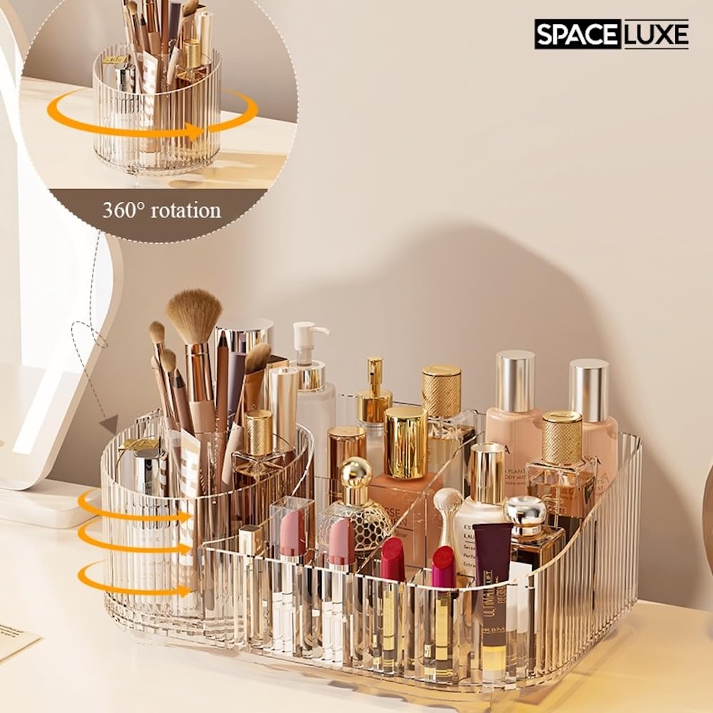 SpaceLuxe Makeup Organizer with Drawers, 360° Rotating Brush Holder