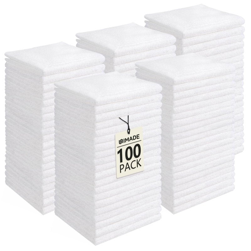UNIMADE Washcloths Bulk - 100 Pack - Face Towels (12" x 12"), Highly Soft Wash Cloths and Hand Towels, Fast Drying Multi-Purpose Microfiber Cleansing Cloths for Bathroom, Hotel, Spa, and Salon - White