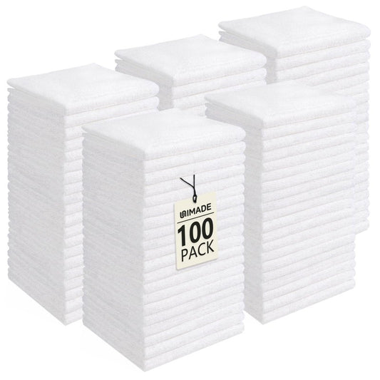UNIMADE Washcloths Bulk - 100 Pack - Face Towels (12" x 12"), Highly Soft Wash Cloths and Hand Towels, Fast Drying Multi-Purpose Microfiber Cleansing Cloths for Bathroom, Hotel, Spa, and Salon - White