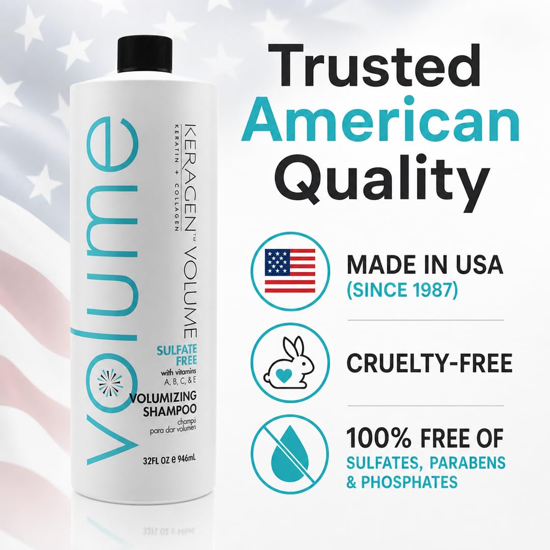 KERAGEN Sulfate-Free Volumizing Shampoo – Keratin & Collagen Blend for Fine, Color-Treated & Keratin-Treated Hair | Root Lift, Frizz Control & Structural Fortifier | Made in USA | 32 oz