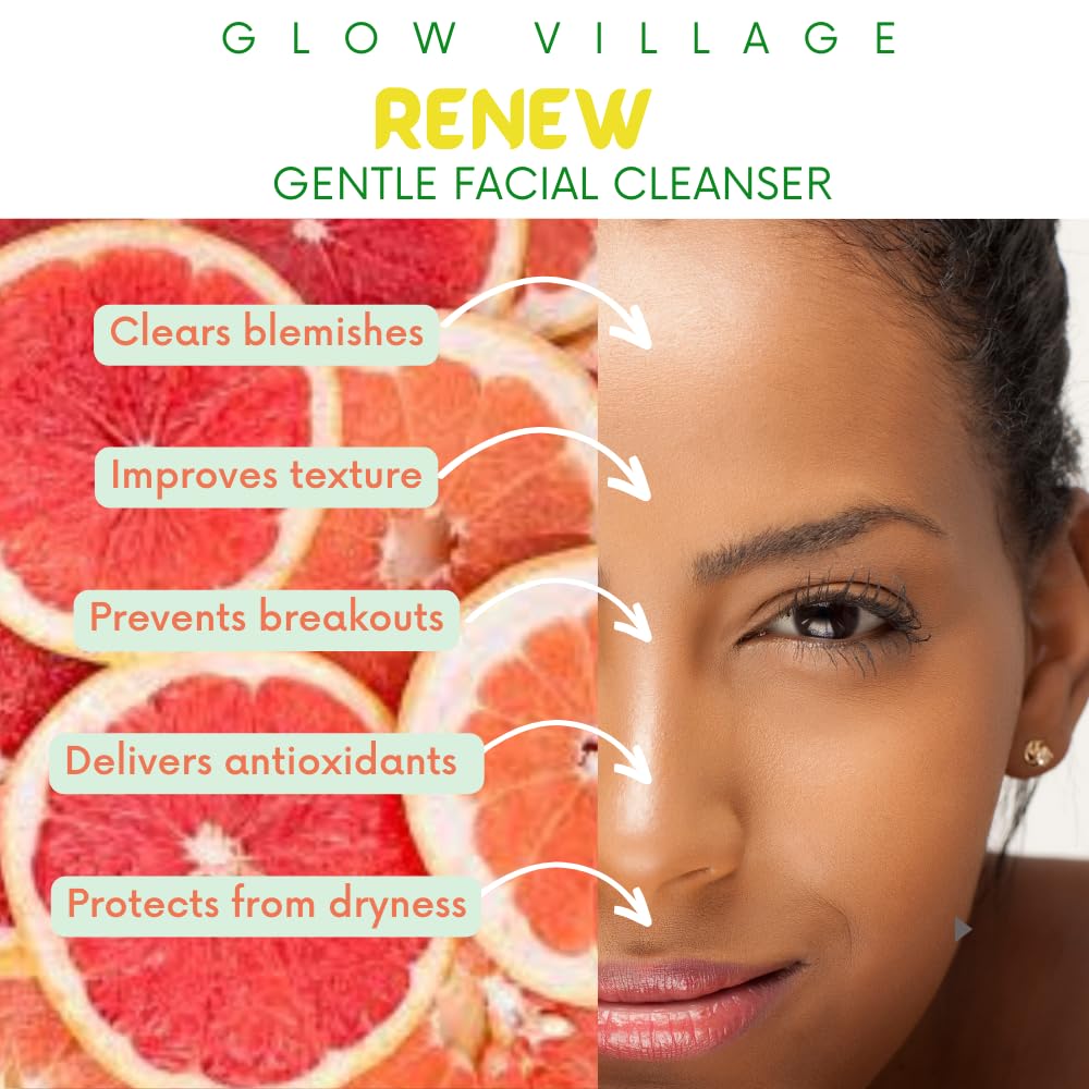Glow Village Renew Gentle Facial Cleanser with Botanical Hyaluronic Acid | Vegan, Organic | Deep Cleansing, Blemish-Fighting | For Sensitive and Combination Skin| Fragrance Free | 4 oz