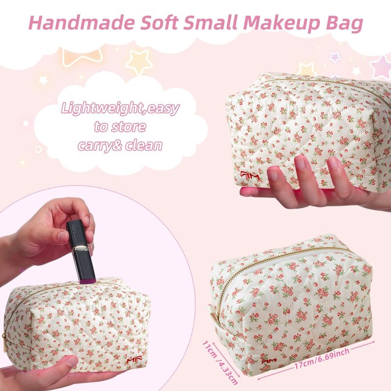MIROSIE 2-Piece Handmade Cotton Quilted Makeup Bag Set, Floral Cosmetic & Skincare Organizer Zippered Pouch for Women & Girls, Travel Toiletry Bag for Essentials,Rose
