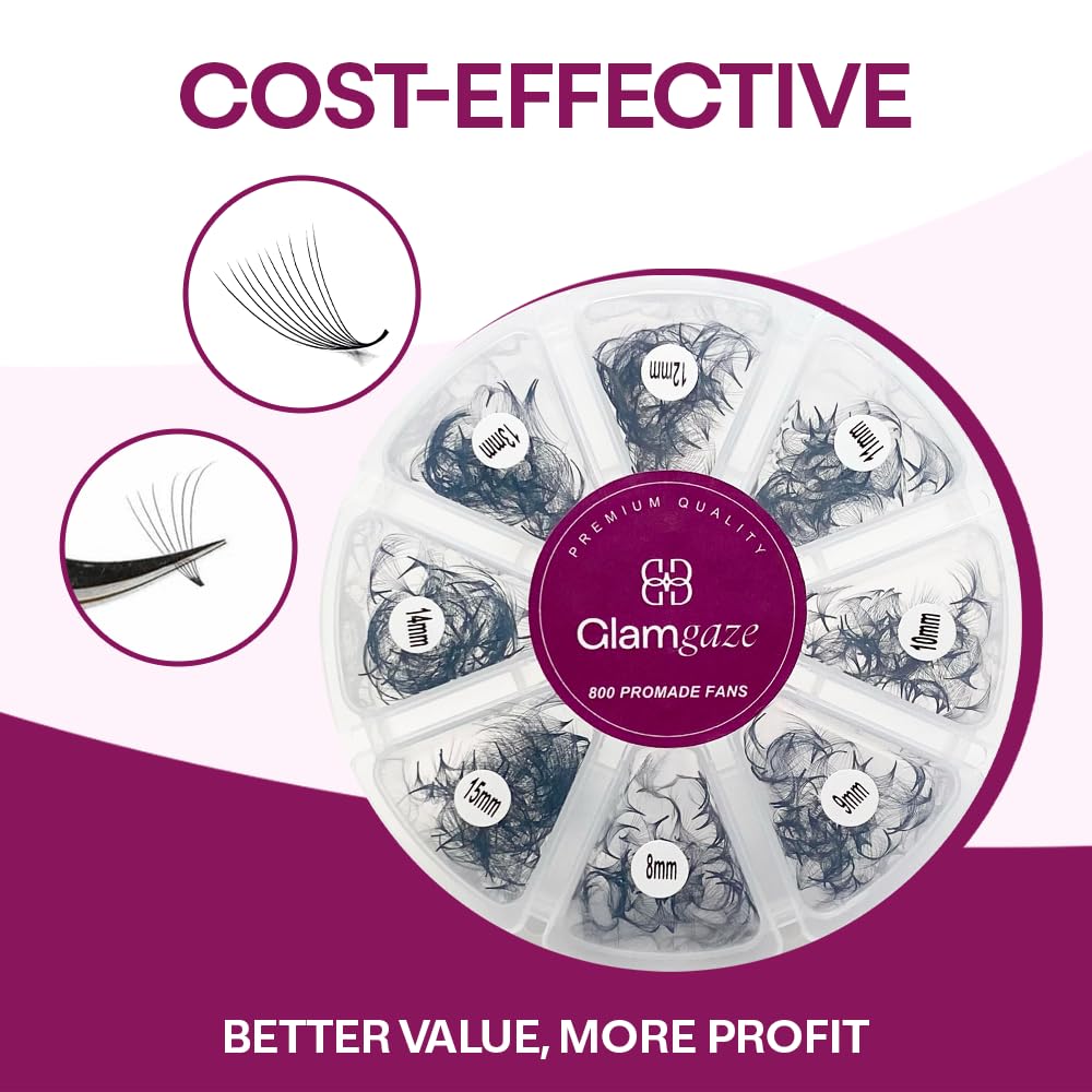 GLAMGAZE 800 Promade Fans 8-15mm Mixed Lengths - 5D to 16D, C CC D Curl, 0.05-0.07mm Thickness - Premade Lash Fans Volume Lash Extensions Loose Premade Fans Eyelash Extensions (16D-0.05-CC 8-15mm)
