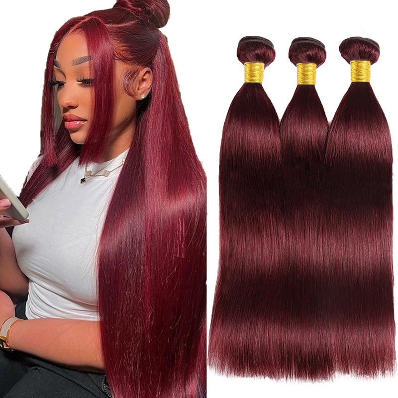 Burgundy 3 Bundles Human Hair - Straight Brazilian Hair | 12, 14, 16 Inch Unprocessed Wine Red