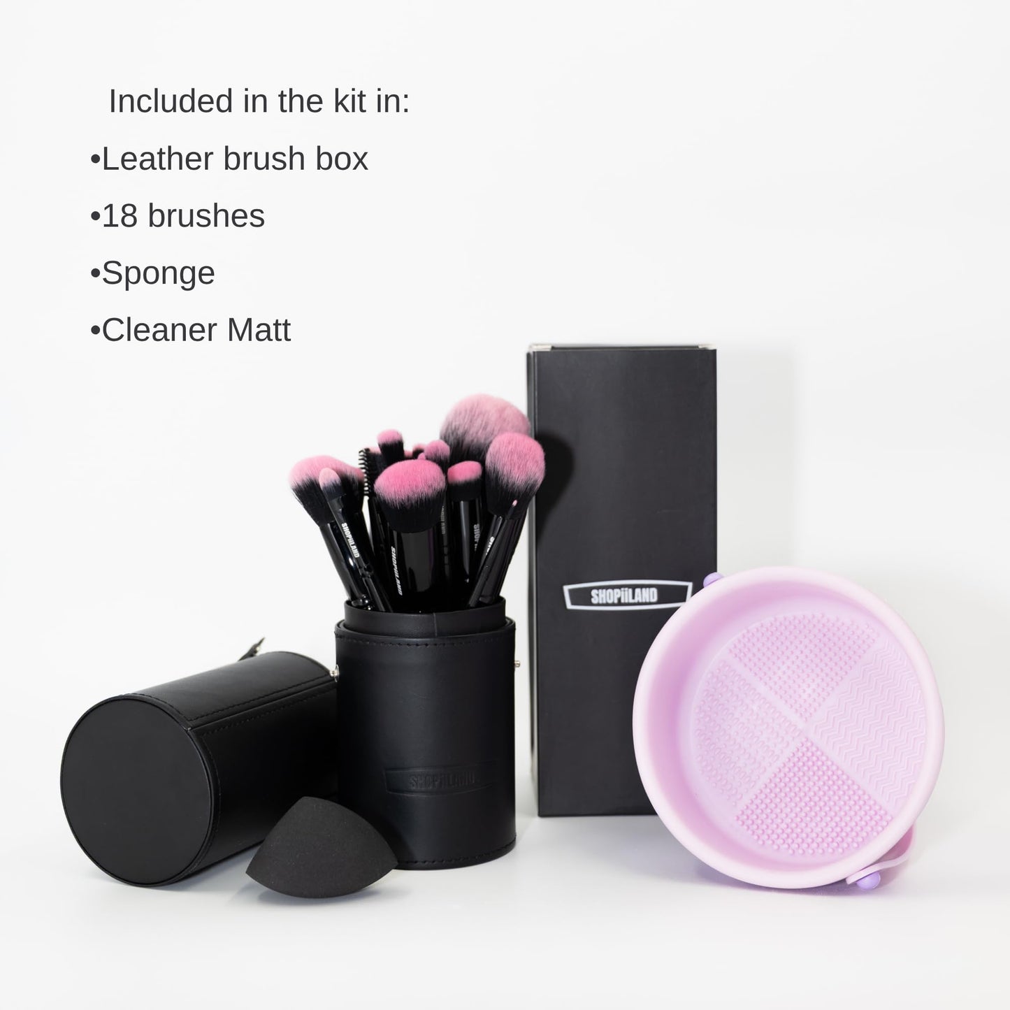 SHOPiiLAND 18-Piece Vegan Makeup Brush Set – Black & Pink Case, Soft Synthetic Bristles, Cruelty-Free, Ideal for Liquid, Powder, Cream & Bronzer; Includes Kabuki, Blender, Blush & Eyeshadow Brushes