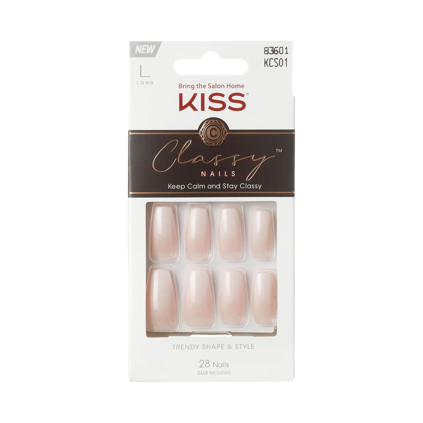 KISS Classy French Nail Manicure Kit with Gel Finish, Long, Coffin Shaped, Includes Mini Nail File, Manicure Stick, 28 Fake Nails & Pink Glue (Net Wt. 2 g), 'Be-You-Tiful', 28 Count