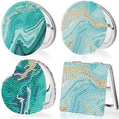 4 Pcs Diamond Painting Compact Mirror, Ocean Diamond Art Mirror Kits DIY Pocket Mirror, Unbreakable Portable Magnifying Folding Purse Mirror Makeup Mirror for Beginner Women