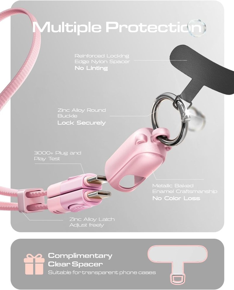 LISEN Phone Lanyard - Anti-Theft Wrist Strap with 60W USB-C Cable | 2-Pack Tether Tabs, Pink