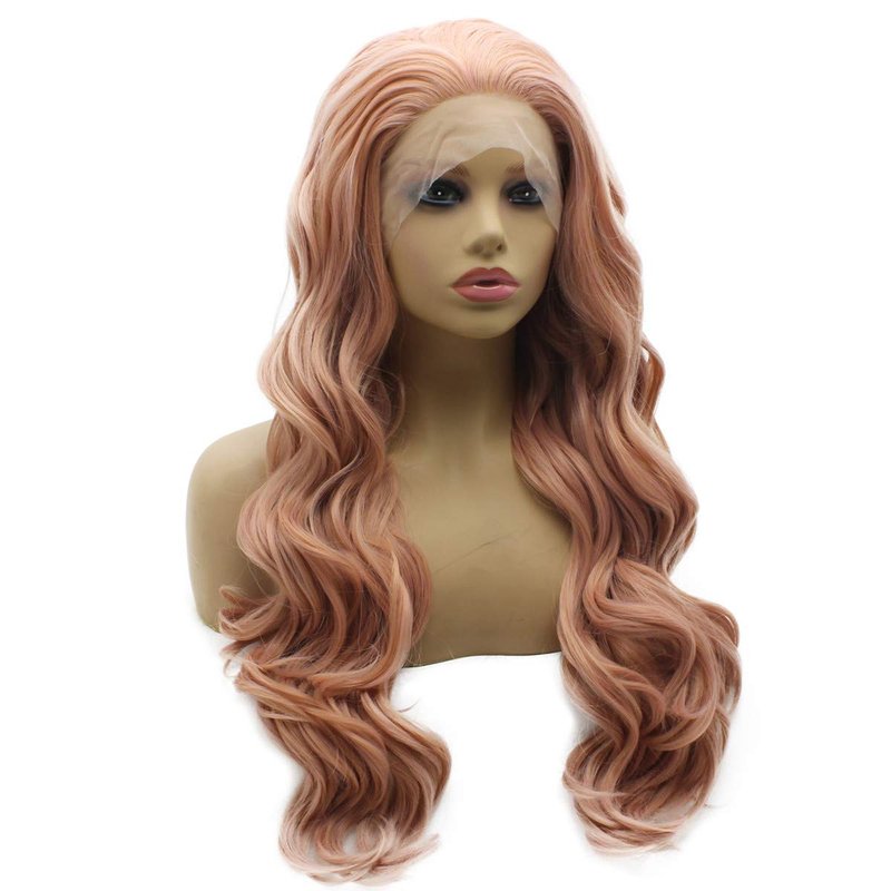 Long Wavy Peach Pink Lace Front Wig - Heat Friendly Synthetic Hair | Half Hand Tied Design