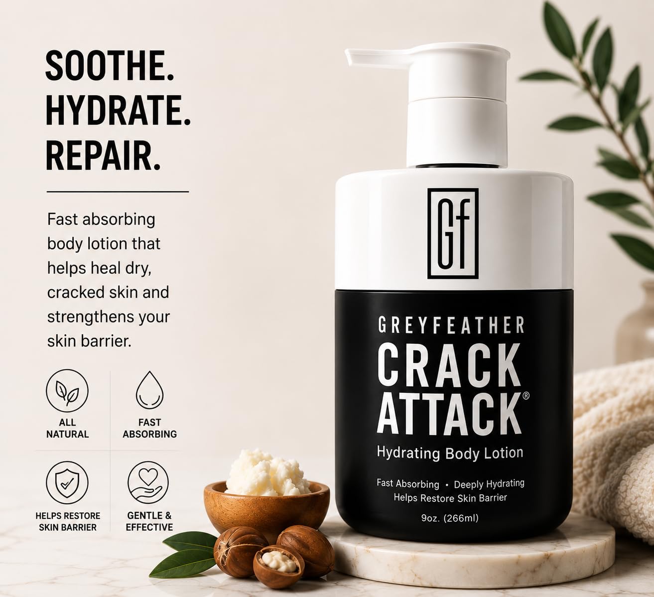 Greyfeather Crack Attack Hydrating Body Lotion for Dry Cracked Skin – Fast Absorbing, Mint Scented, Non-Greasy Moisturizer with Aloe, Shea Butter – Heals Hands, Feet, Elbows, Full Body Repair
