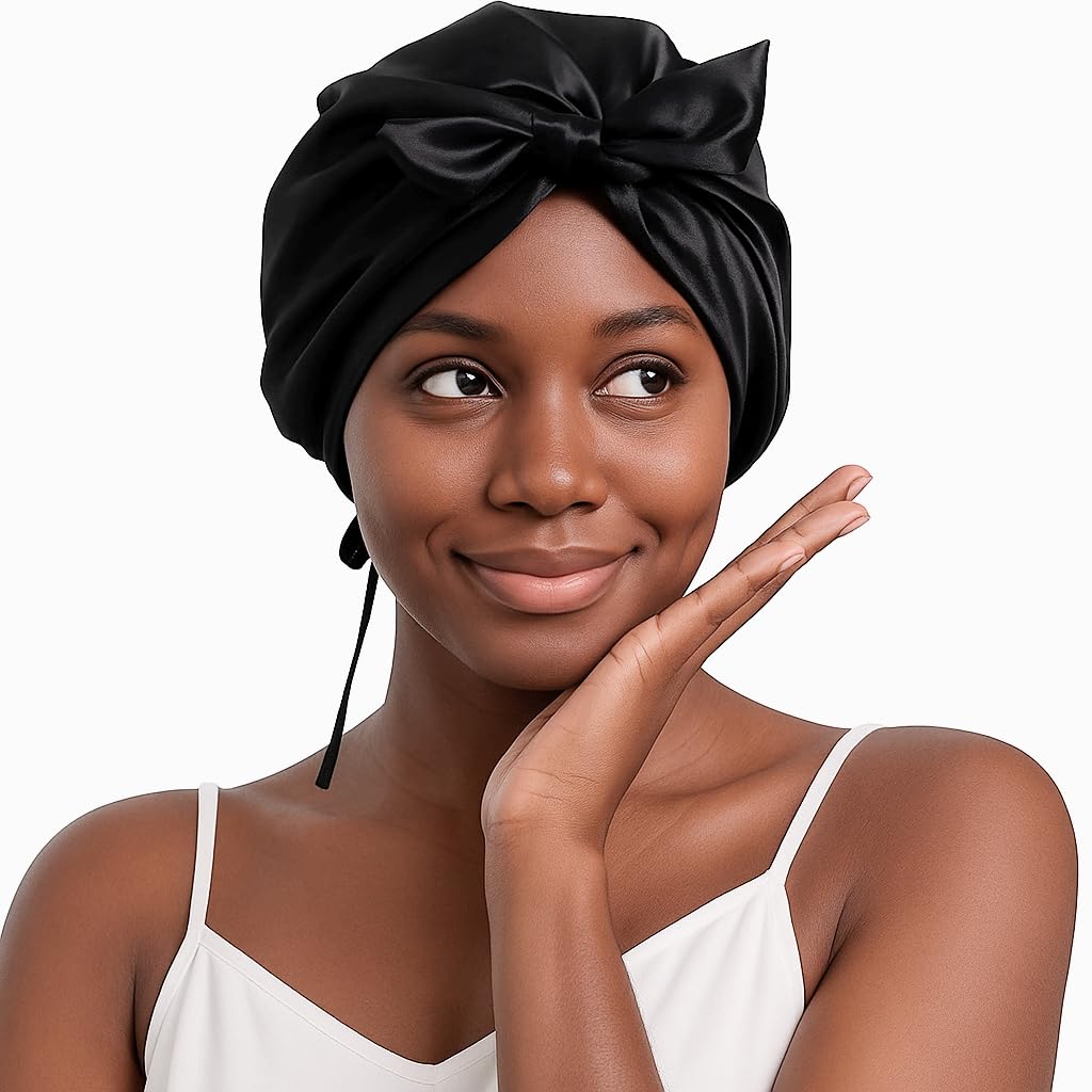 100% Mulberry Silk Bonnet for Sleeping Women, 22 Momme Grade-6A Hair Wrap with Elastic Stay& Tie Band On Head for Hair Care Short Long Curly Hair