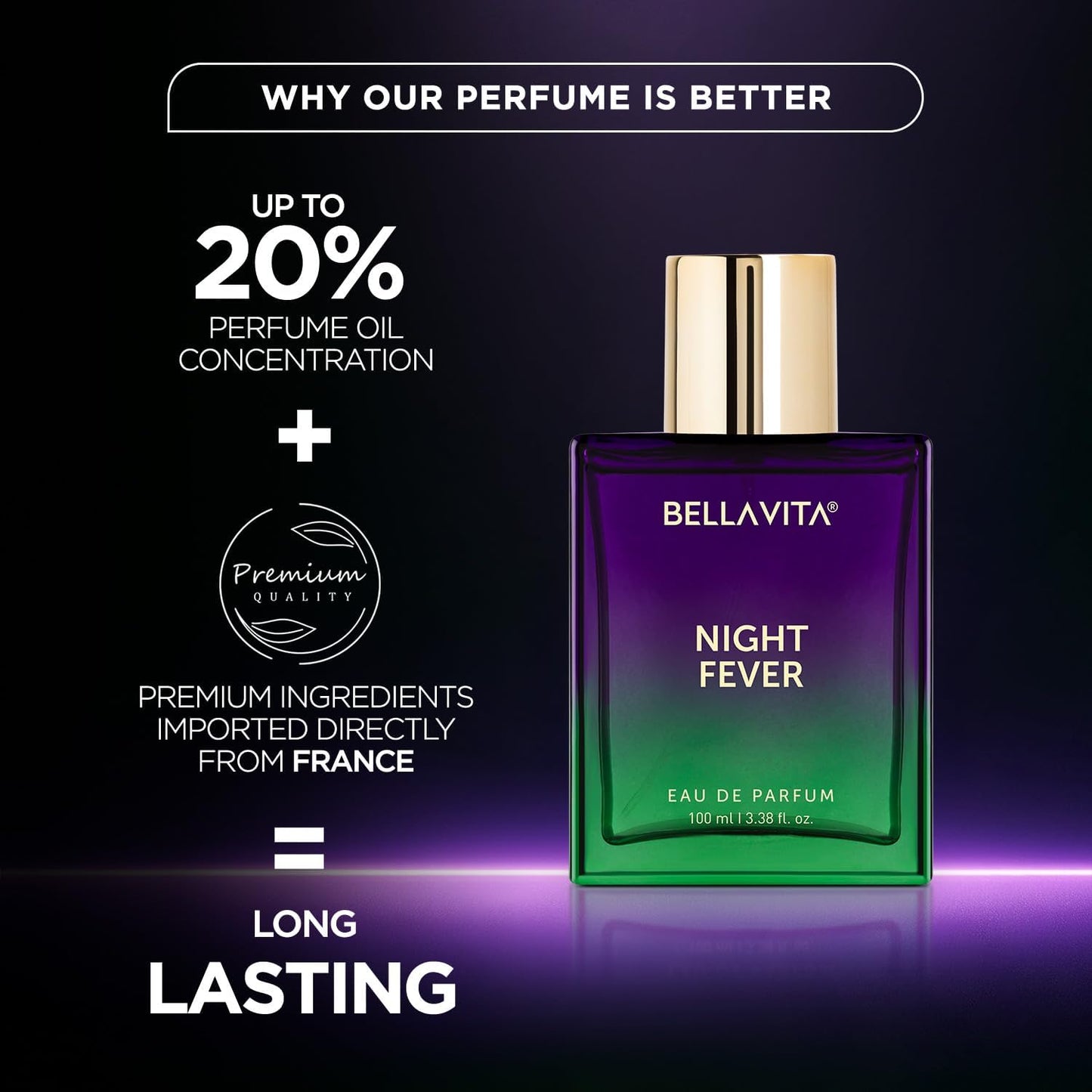 Bellavita Luxury Night Fever Eau de Parfum | 100 ml (3.4 fl.oz.) | Perfume for Men and Women | Oriental Fruity, Orange, Peach, and Musk Notes | Long Lasting Unisex Fragrance