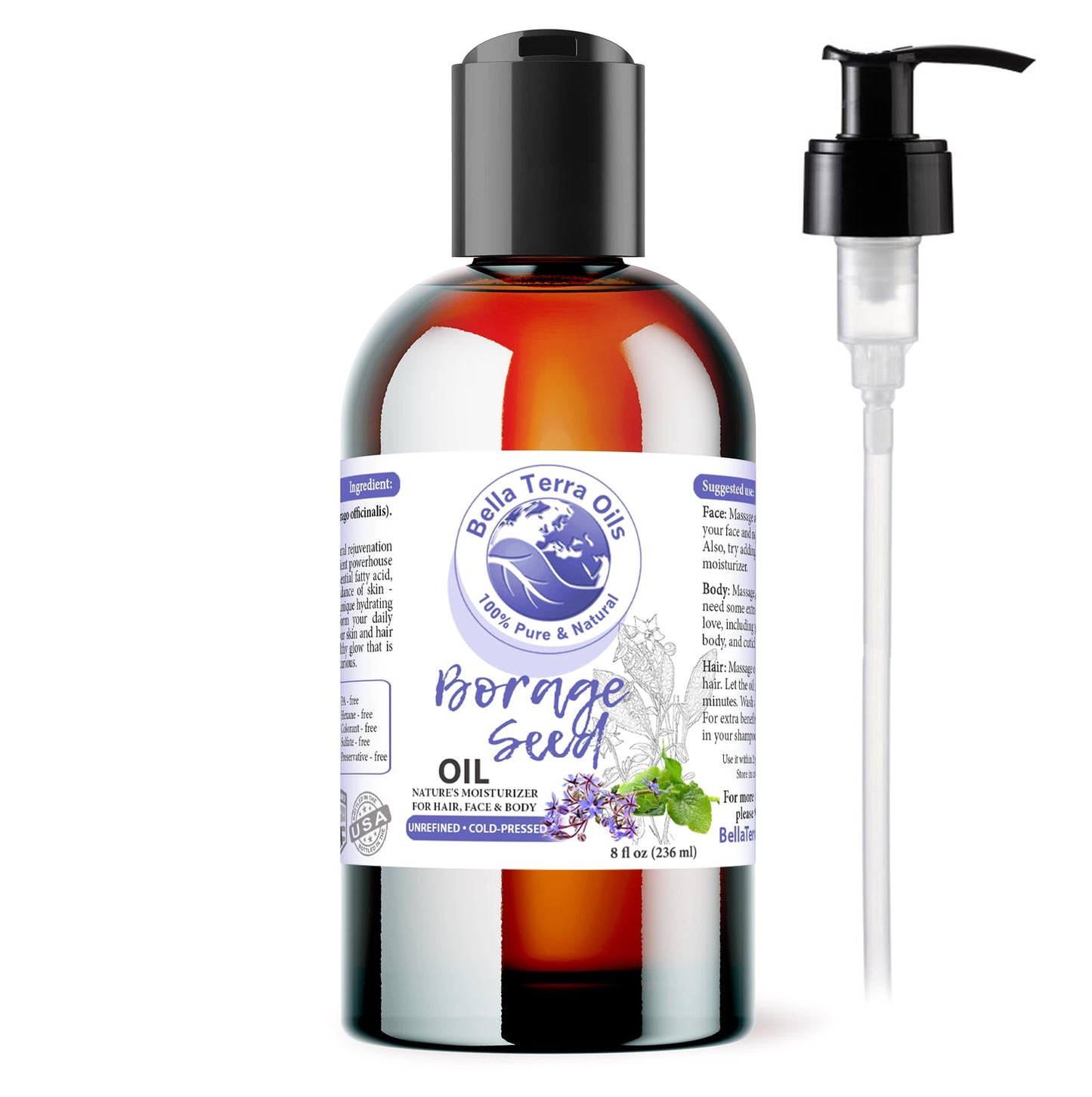Bella Terra Oils - Natural Borage Seed Oil 8 oz - Cold-Pressed from Natural Borage Seeds, Overflowing with Vitamin E & Omega Fatty Acids, An Elixir of Youth & Beauty