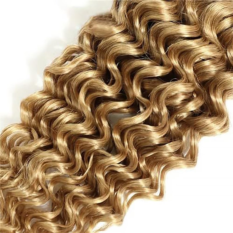 Honey Blonde Human Hair Bundles 14 16 18 Inch Deep Wave Bundles Human Hair Unprocessed Native Virgin Hair 100/PC 3 Extensions #27 Blonde Color Wet and Wavy Human Hair Extensions for Women
