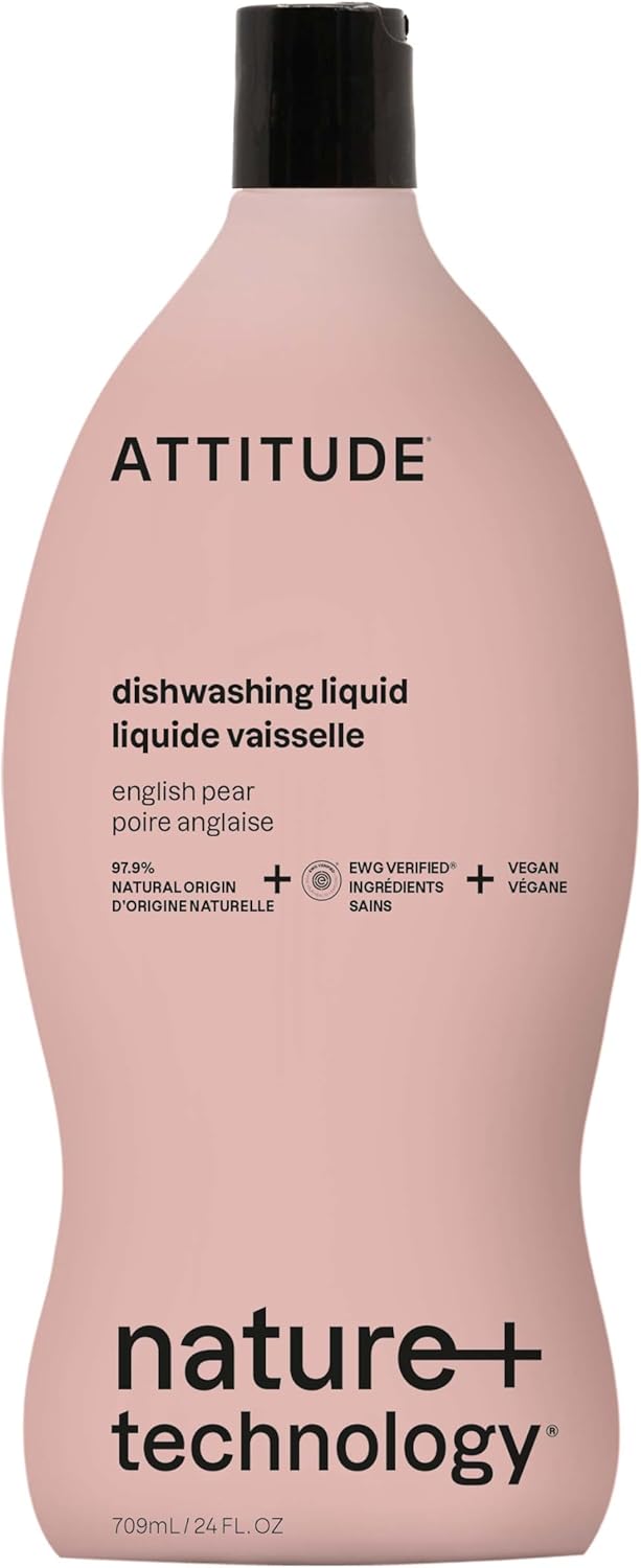 ATTITUDE Dish Soap - Plant-Based Vegan Dishwashing Liquid | EWG Verified, English Pear Scent, 24 Fl Oz