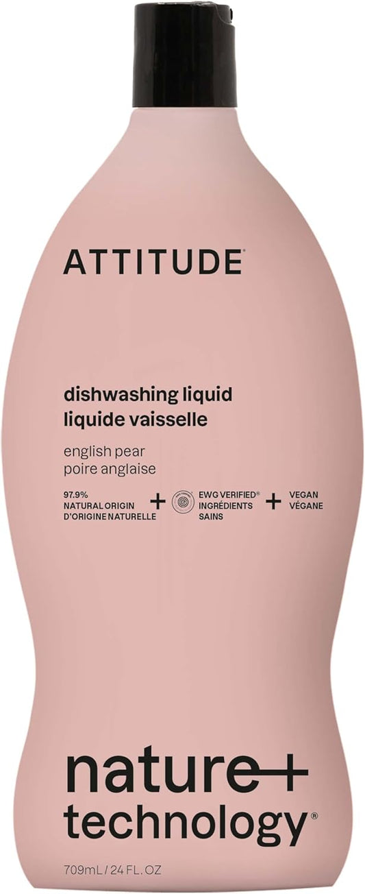 ATTITUDE Dish Soap - Plant-Based Vegan Dishwashing Liquid | EWG Verified, English Pear Scent, 24 Fl Oz