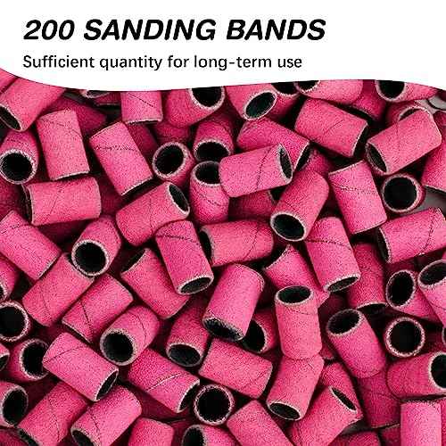 Rolybag Sanding Bands for Nail Drill 240 Grit Extreme Fine Nail Sanding Bands 200Pcs Pink Professional Sanding Bands and 2Pcs Nail Drill Bits for Manicures and Pedicure