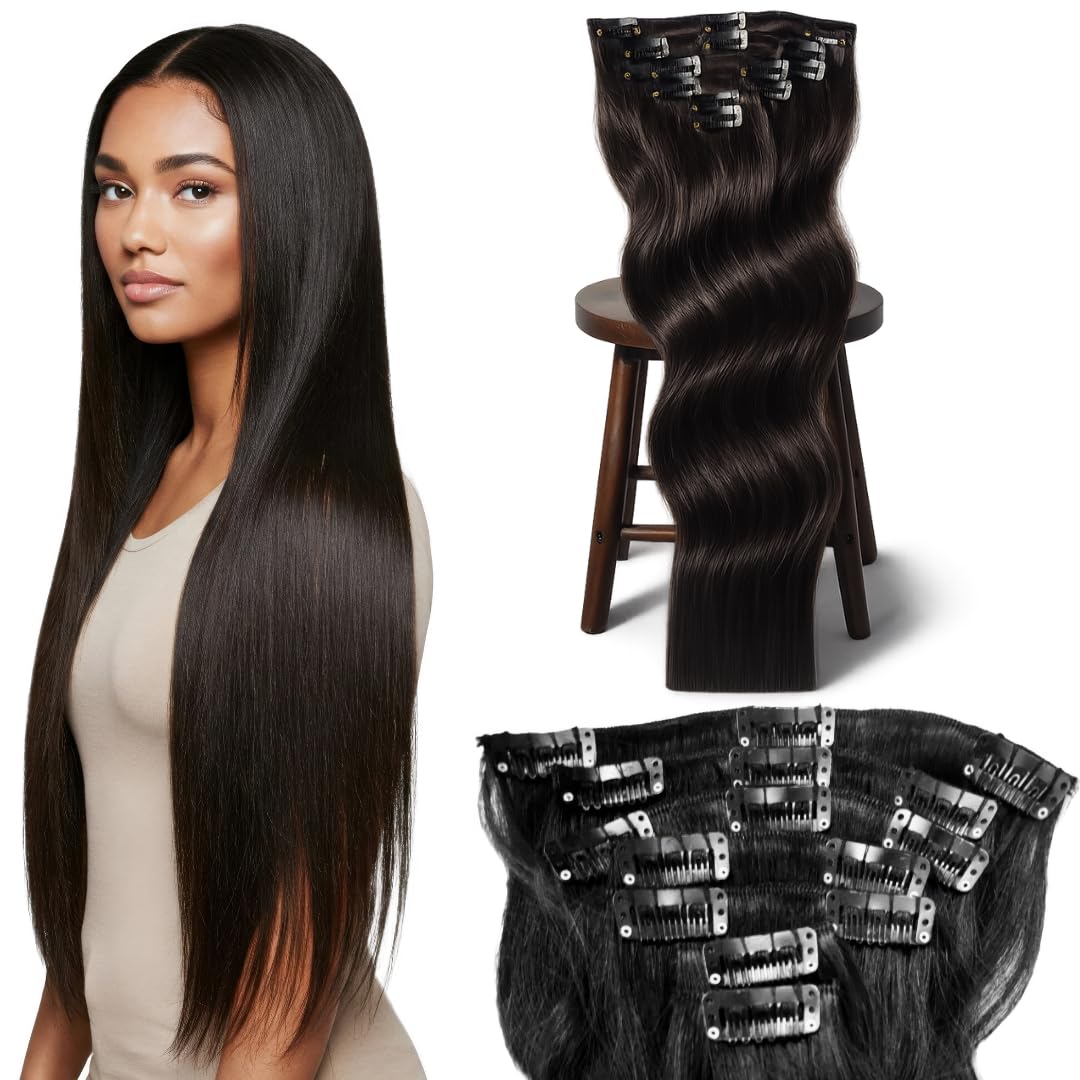 Yogatress Clip in Hair Extensions Real Human Hair – 100% Indian Remy Natural Raw Human Hair Extensions, Clip ins for Women, Double Weft, Pack of 1 – 7Pcs Straight 1B Natural Black 16 Inch 70g Classic