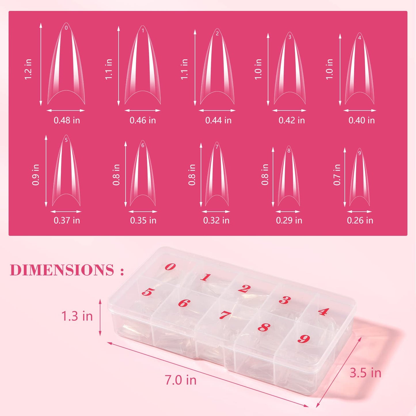 Quaferen Clear Stiletto Nail Tips, 500PCS Half Cover Soft Gel Nail Tips Medium Stiletto False Nails Almond Shape Curved Tips for Acrylic Nails Salon Home DIY with Box 10Sizes
