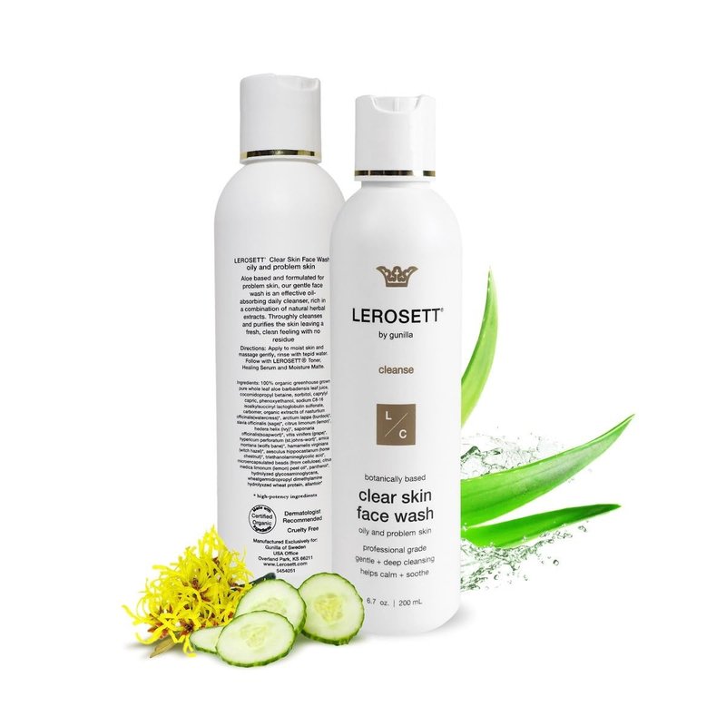 LEROSETT® Clear Skin Face Wash – Gentle Gel Cleanser with 60% Aloe-Rich Botanicals, 4% Glycolic Acid & Vit-E Microbeads – Fights Breakouts, Unclogs Pores, Balances Oil – Spa-Grade, Vegan – 6.7oz