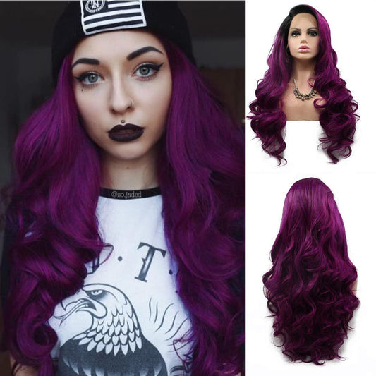 Kalisa Dark Purple Long Wavy Synthetic Lace Front Wig Ombre Purple with Black Root Side Part Wig Heat Resistant Fiber Makeup Wig for Women 24 Inches