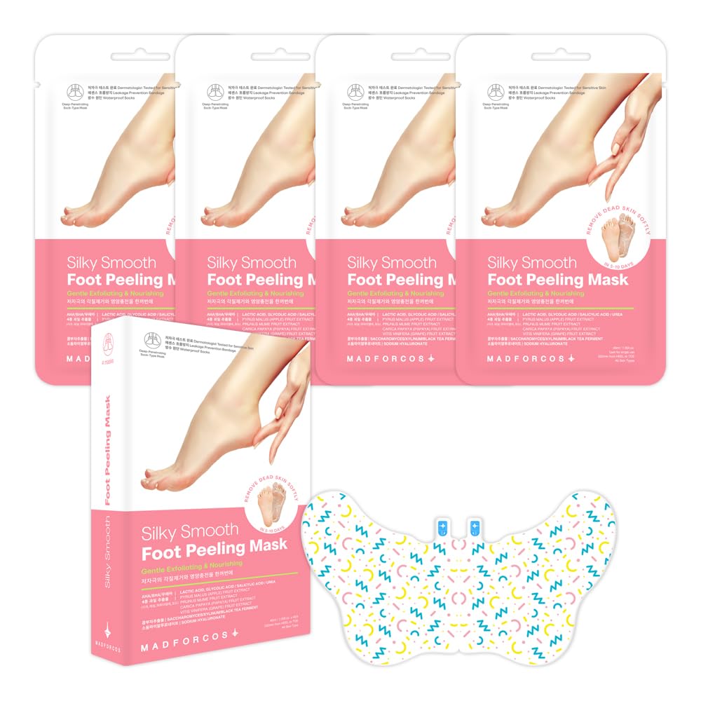 MADFORCOS Exfoliating Foot Peel Mask with AHA/BHA & 4 Fruit Extracts – Removes Dead Skin & Calluses for Baby Soft Feet – Foot Peeling Mask Socks for Dry, Cracked Feet (4 Pairs)