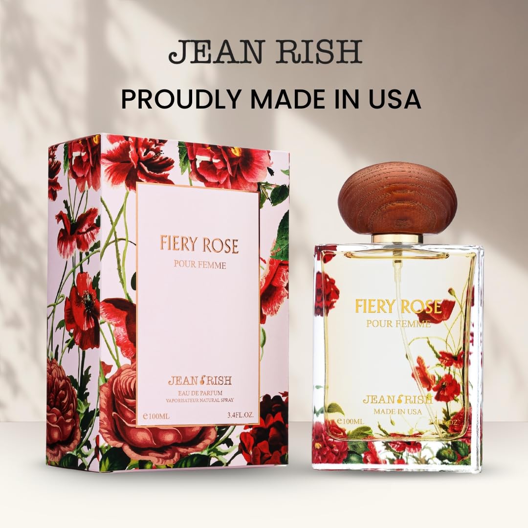 Jean Rish Fiery Rose Perfume for Women Eau De Parfum, Long-Lasting Luxury Fragrance, Made In USA - Rose, Peony, Peach, Musk, Sandalwood Scent - 100ml / 3.4 oz